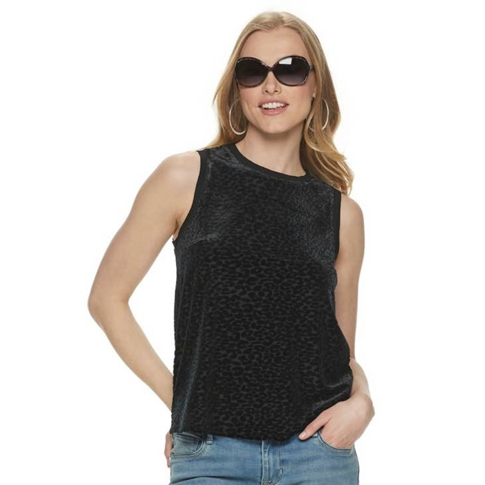 New APT. 9 Womans Sz Large Blouse Black Stretch Velvet Tank Top Sleeveless NWT